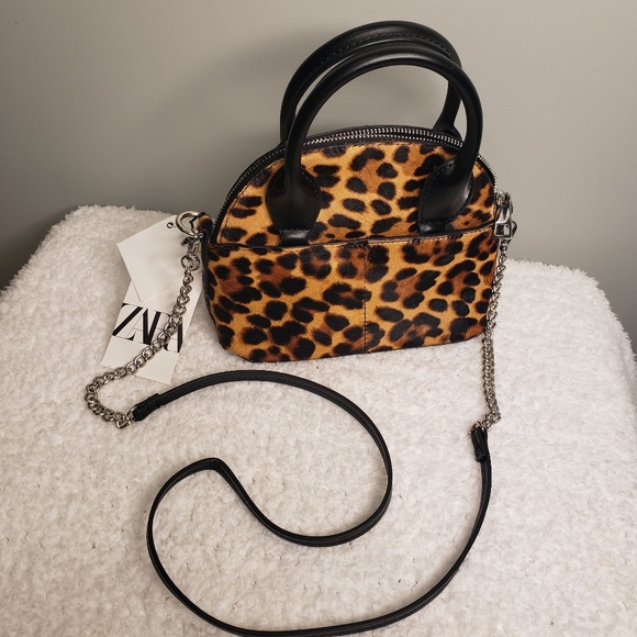 Zara Handbags - Zara Animal Print Mini Fur Bowling Bag with Chain Crossbody Strap NEW